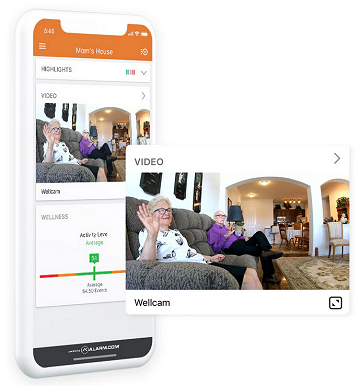 Elderly parents waving at a wellness webcam